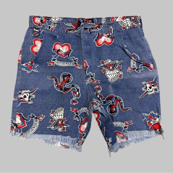 GRUBB STUFF Robert Stock Tattoo Print Denim Shorts – Size 36 - Picture 1 of 15